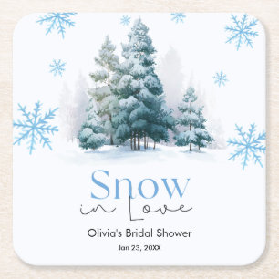 Winter Snow in Love Snowflakes Bridal Shower Square Paper Coaster