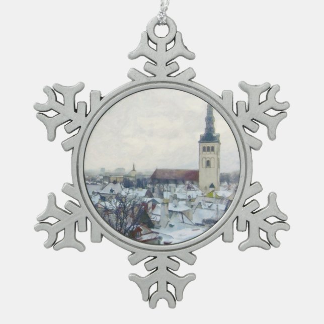 Winter Snow in Tallinn - Estonian Christmas Snowflake Pewter Christmas Ornament (Front)