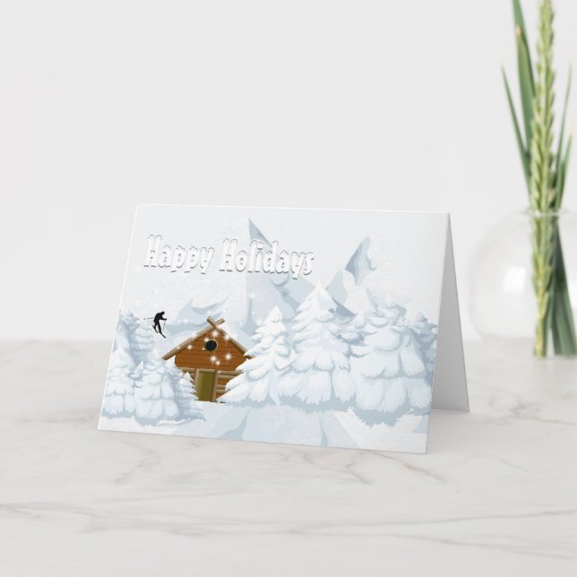 Winter snow log cabin skiing vacation holiday card (Front)