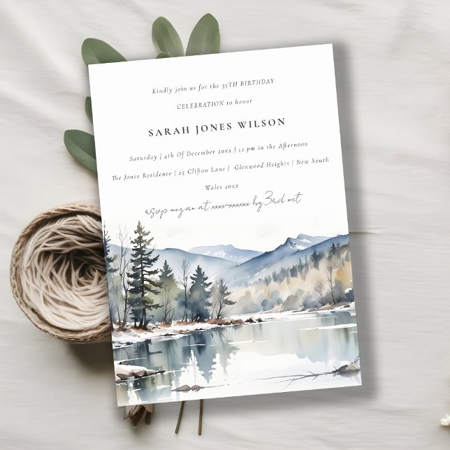 Winter Snow Mountain Lake Landscape Birthday Invitation (Creator Uploaded)
