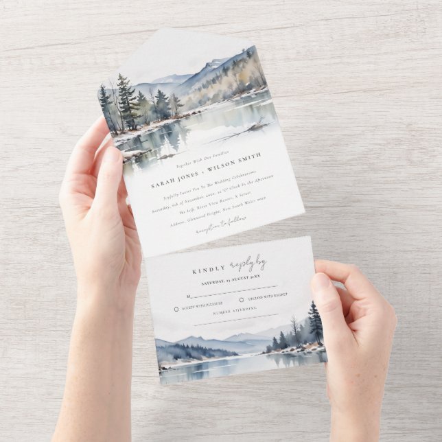 Winter Snow Mountain Lake Landscape Wedding All In One Invitation (Tearaway)