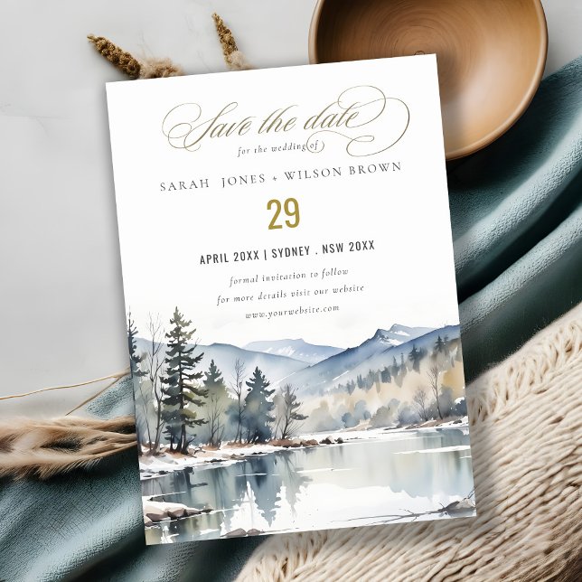 Winter Snow Mountain Lake Landscape Wedding Save The Date (Creator Uploaded)