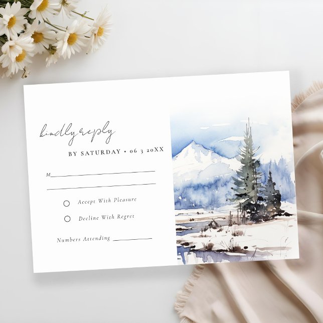 Winter Snow Mountain Ski Landscape Wedding RSVP Card (Creator Uploaded)