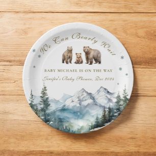 Winter Snow Mountains Bear Adventure  Baby Shower Paper Plate