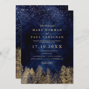 Winter snow navy blue pine trees forest wedding invitation