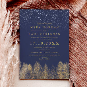 Winter snow navy blue pine trees forest wedding invitation