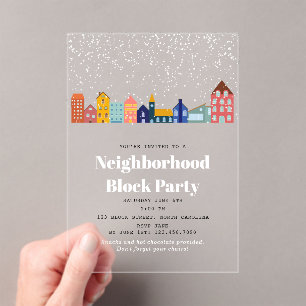 Winter Snow Neighborhood Block Party Acrylic Invitations