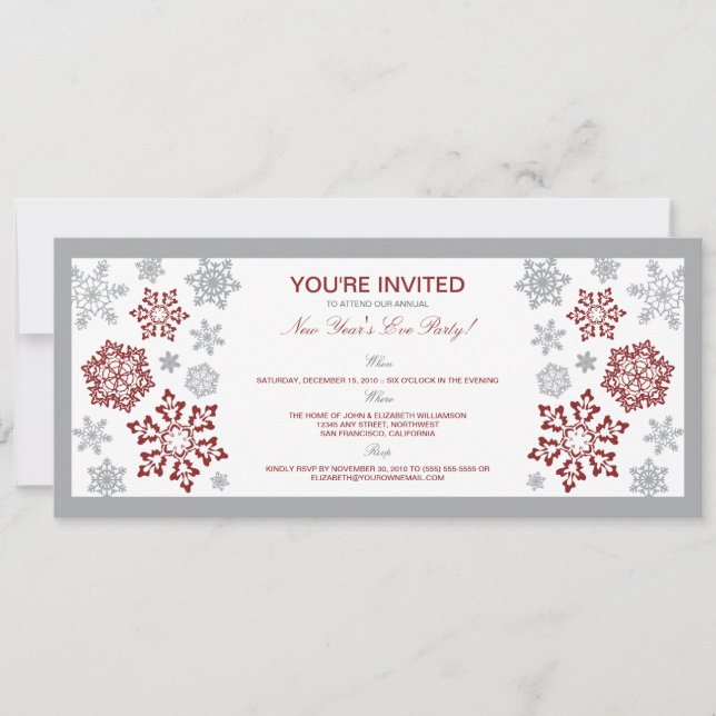 Winter Snow New Year's Eve Party Invitation (red) (Front)