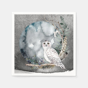 Winter Snow Owl Moon Branch Watercolor Wedding Napkin