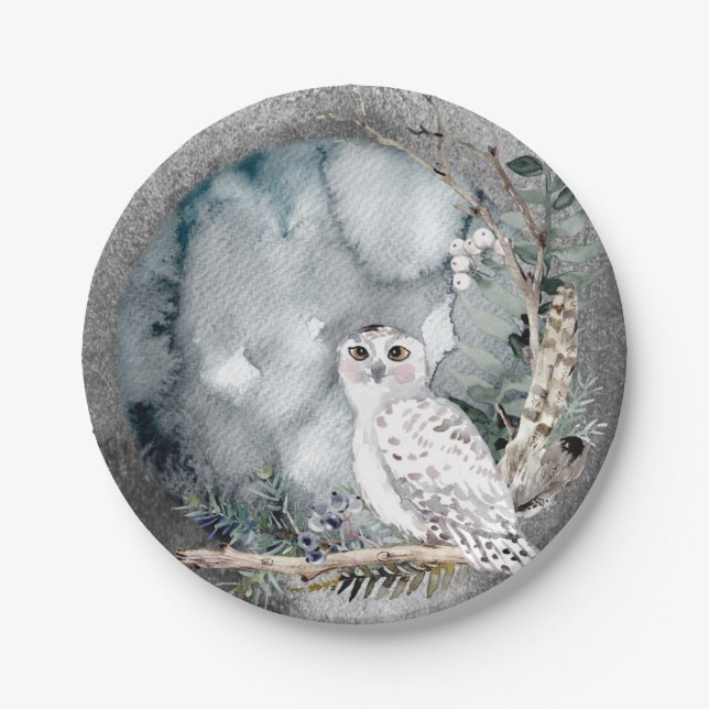 Winter Snow Owl Moon Branch Watercolor Wedding Paper Plate (Front)