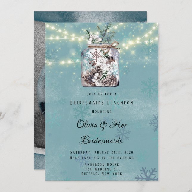 Winter Snow Owl Moon Mason Jar Bridesmaid Luncheon Invitation (Front/Back)