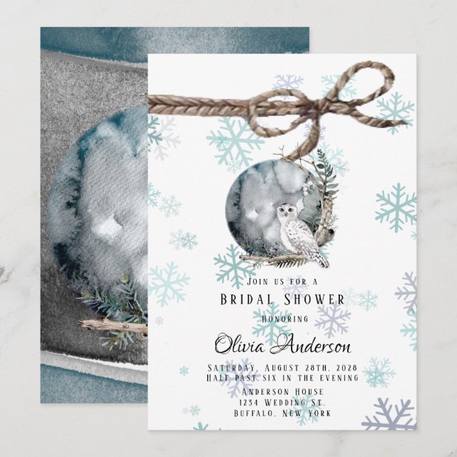 Winter Snow Owl Moon Watercolor Bridal Shower Invitation (Front/Back)