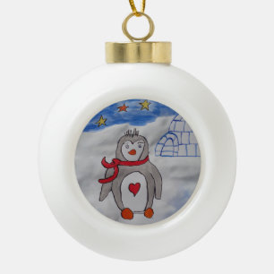 Winter Snow Penguin  Ceramic Ball Christmas Ornament