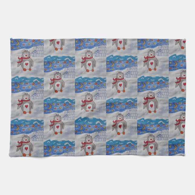 Winter Snow Penguin Tea Towel (Horizontal)