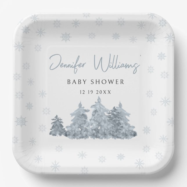 Winter snow pine trees baby shower paper plates (Front)