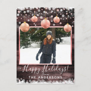 Winter Snow & Pink Ornaments Holiday Photo Card
