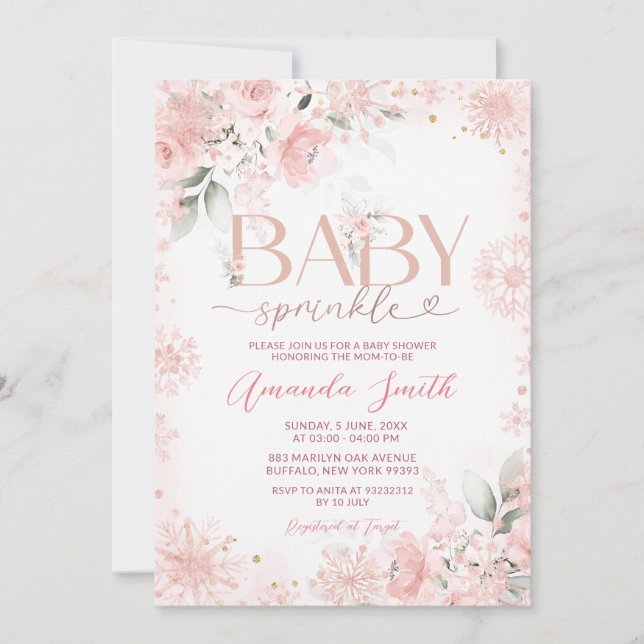 Winter Snow Pink Rose Gold Floral Baby Sprinkle Invitation (Front)