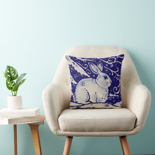 Winter Snow Rabbit Blue White Christmas Cushion (Chair)