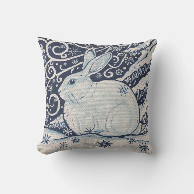 Winter Snow Rabbit Navy Blue Snowflakes Painting Cushion (Front)