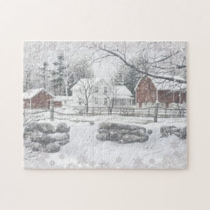 Winter Snow Red Barn Farm House Jigsaw Puzzle