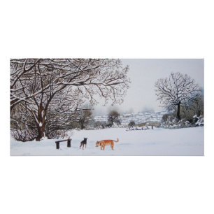 Winter snow scene landscape with trees dogs art poster