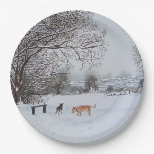 Winter snow scene landscape with trees dogs  paper plate