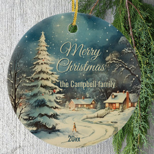Winter Snow Scene Merry Christmas Family Name Ceramic Ornament
