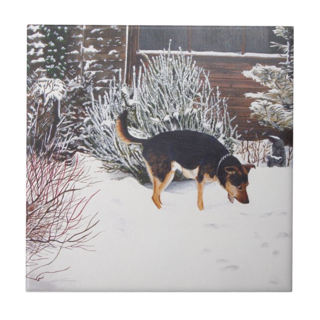 Winter snow scene with cute black and tan dog ceramic tile (Front)