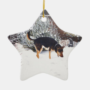 Winter snow scene with cute black and tan dog ceramic tree decoration