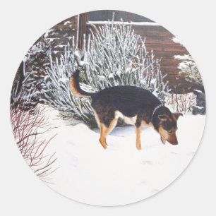 Winter snow scene with cute black and tan dog classic round sticker