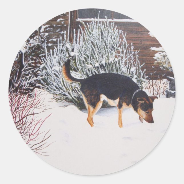 Winter snow scene with cute black and tan dog classic round sticker (Front)