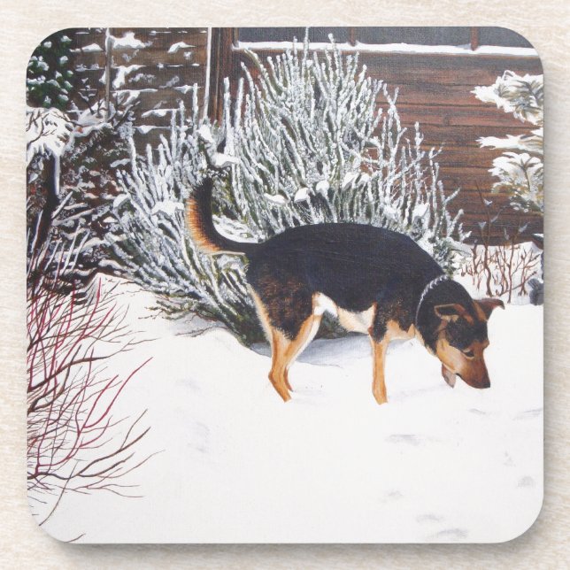 Winter snow scene with cute black and tan dog coaster (Front)