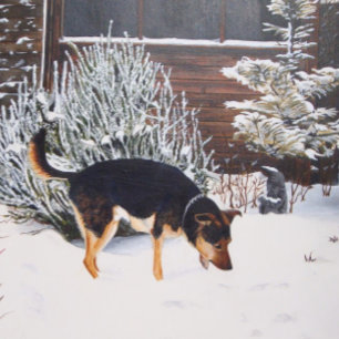 Winter snow scene with cute black and tan dog coaster