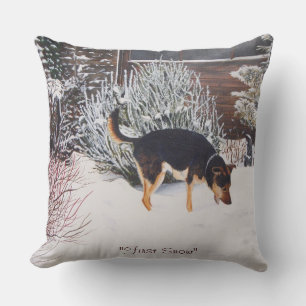 Winter snow scene with cute black and tan dog cushion