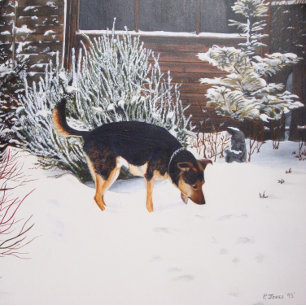 Winter snow scene with cute black and tan dog jigsaw puzzle