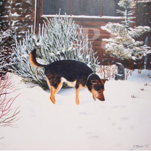 Winter snow scene with cute black and tan dog jigsaw puzzle