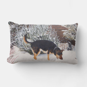 Winter snow scene with cute black and tan dog lumbar cushion