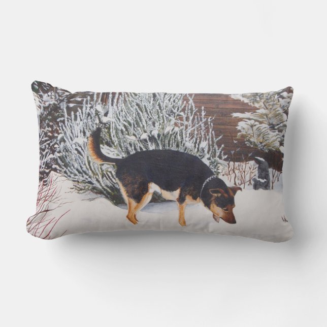 Winter snow scene with cute black and tan dog lumbar cushion (Front)