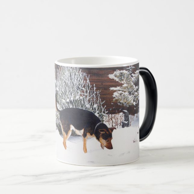 Winter snow scene with cute black and tan dog magic mug (Front Right)