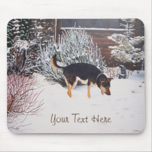 Winter snow scene with cute black and tan dog mouse pad