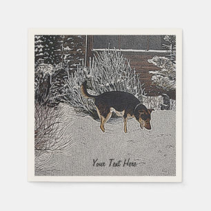 Winter snow scene with cute black and tan dog napkin