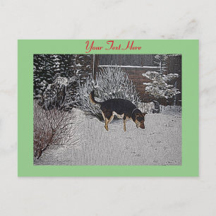 Winter snow scene with cute black and tan dog postcard
