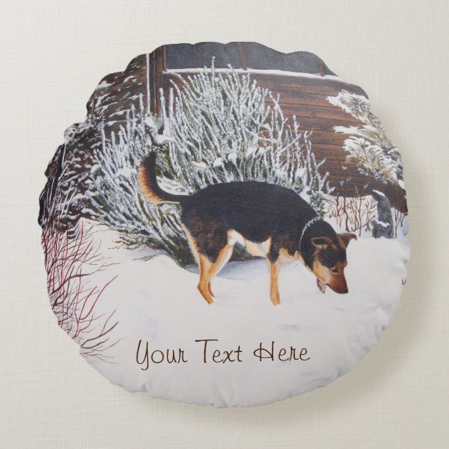 Winter snow scene with cute black and tan dog round cushion (Front)