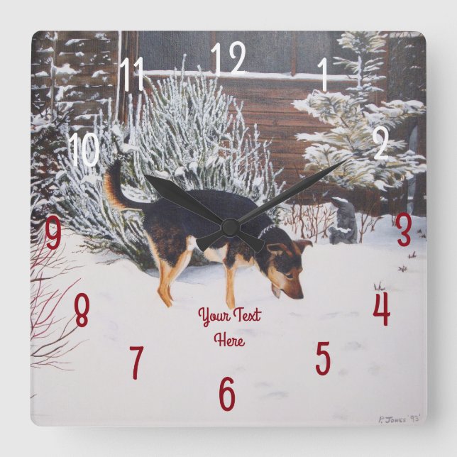 Winter snow scene with cute black and tan dog square wall clock (Front)