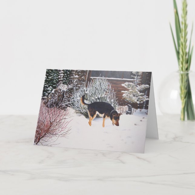 Winter snow scene with cute black dog at christmas holiday card (Front)