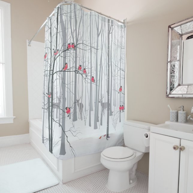 Winter Snow Scene with Deer and Birds Shower Curtain (In Situ)