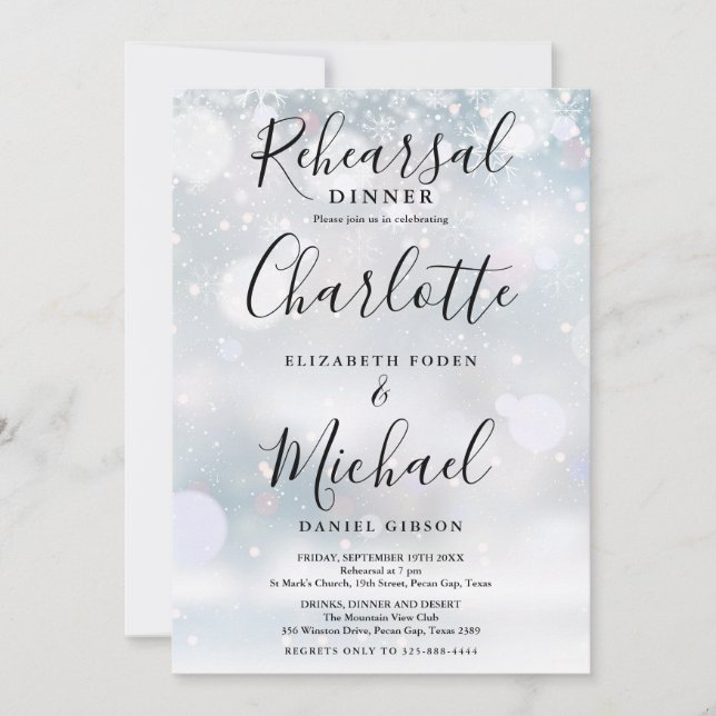 Winter Snow Signature Script Rehearsal Dinner Invitation (Front)
