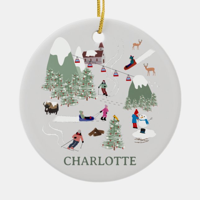 Winter Snow Skiing Mountain Ski Slopes Landscape Ceramic Ornament (Front)