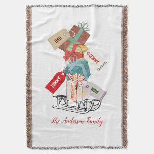 Winter Snow Sleigh White Green Modern Christmas Throw Blanket