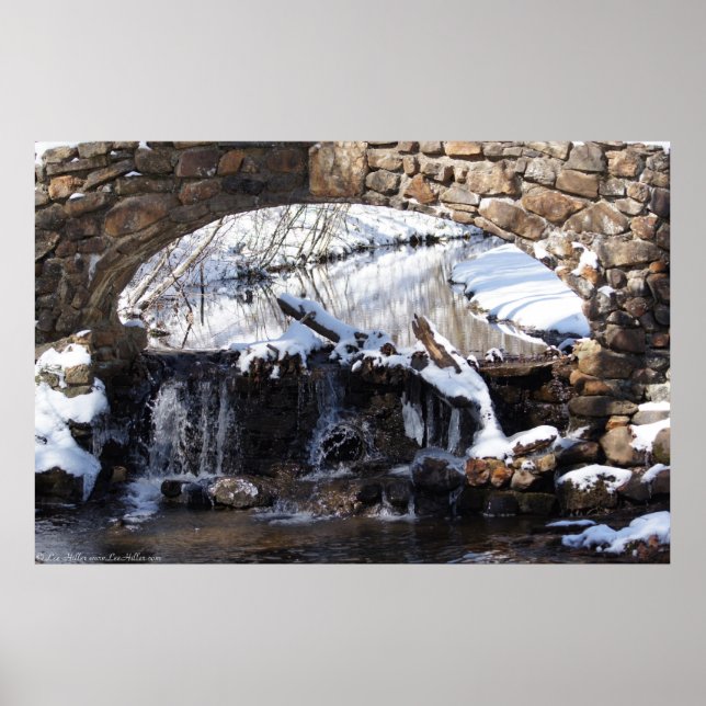 Winter Snow Stone Bridge Waterfall Poster (Front)